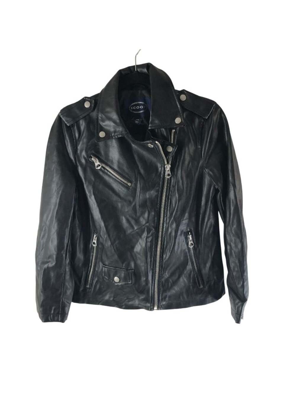 Scoop Womens Black Faux Leather Moto Jacket XS With Zipper Details